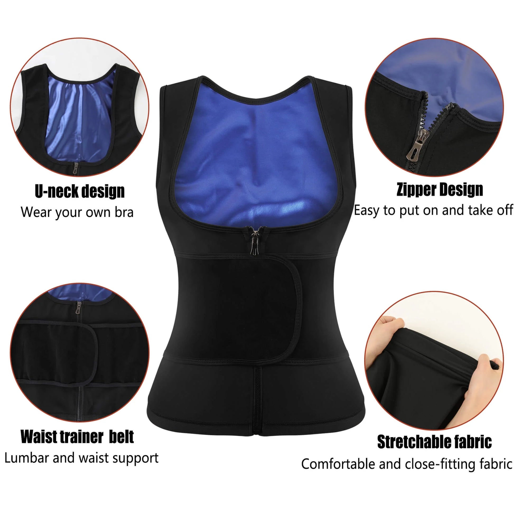 Sweat Sauna Suit for Women Workout Waist Trainer Belt Sleeveless Shirt Body Shaper Top with Zipper