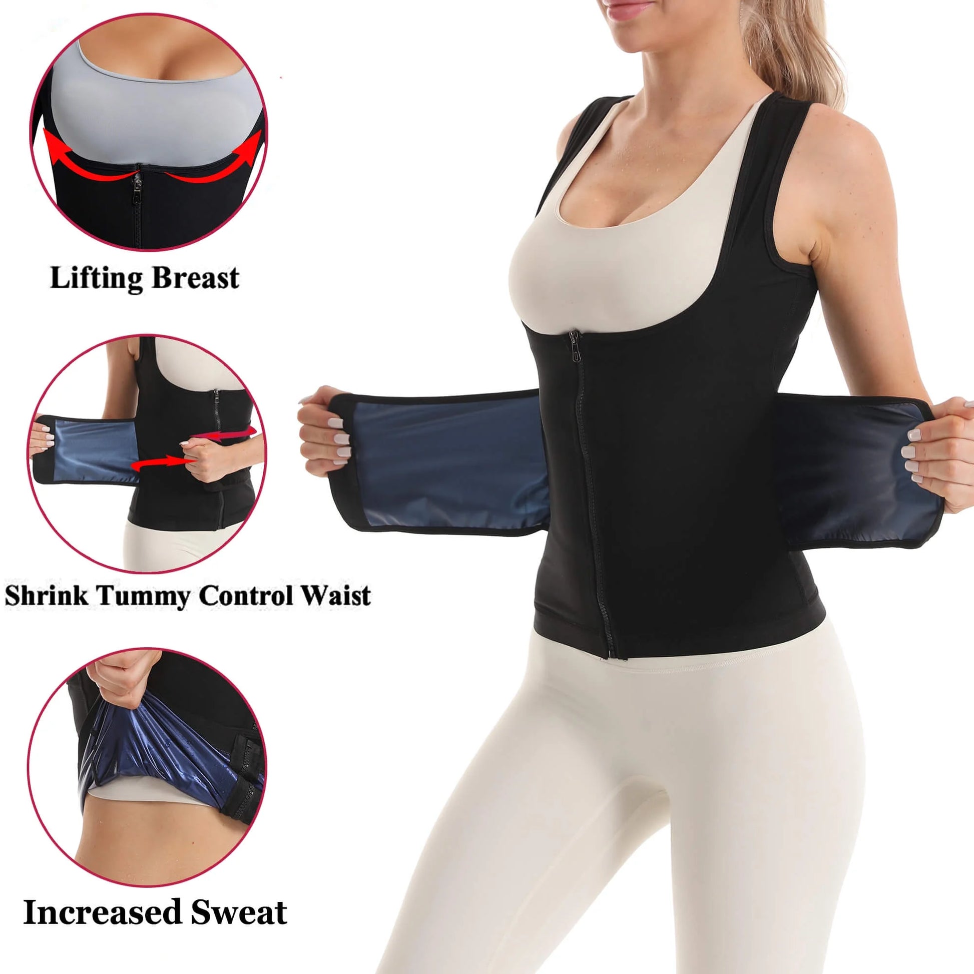 Sweat Sauna Suit for Women Workout Waist Trainer Belt Sleeveless Shirt Body Shaper Top with Zipper