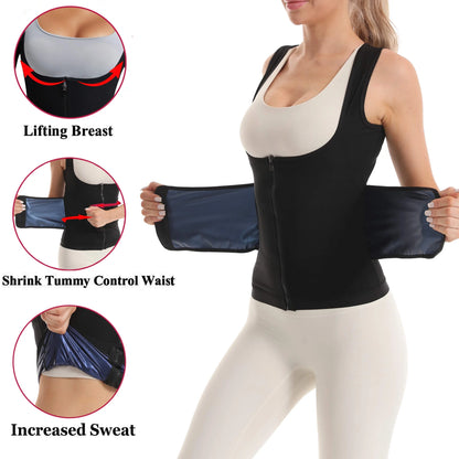 Sweat Sauna Suit for Women Workout Waist Trainer Belt Sleeveless Shirt Body Shaper Top with Zipper