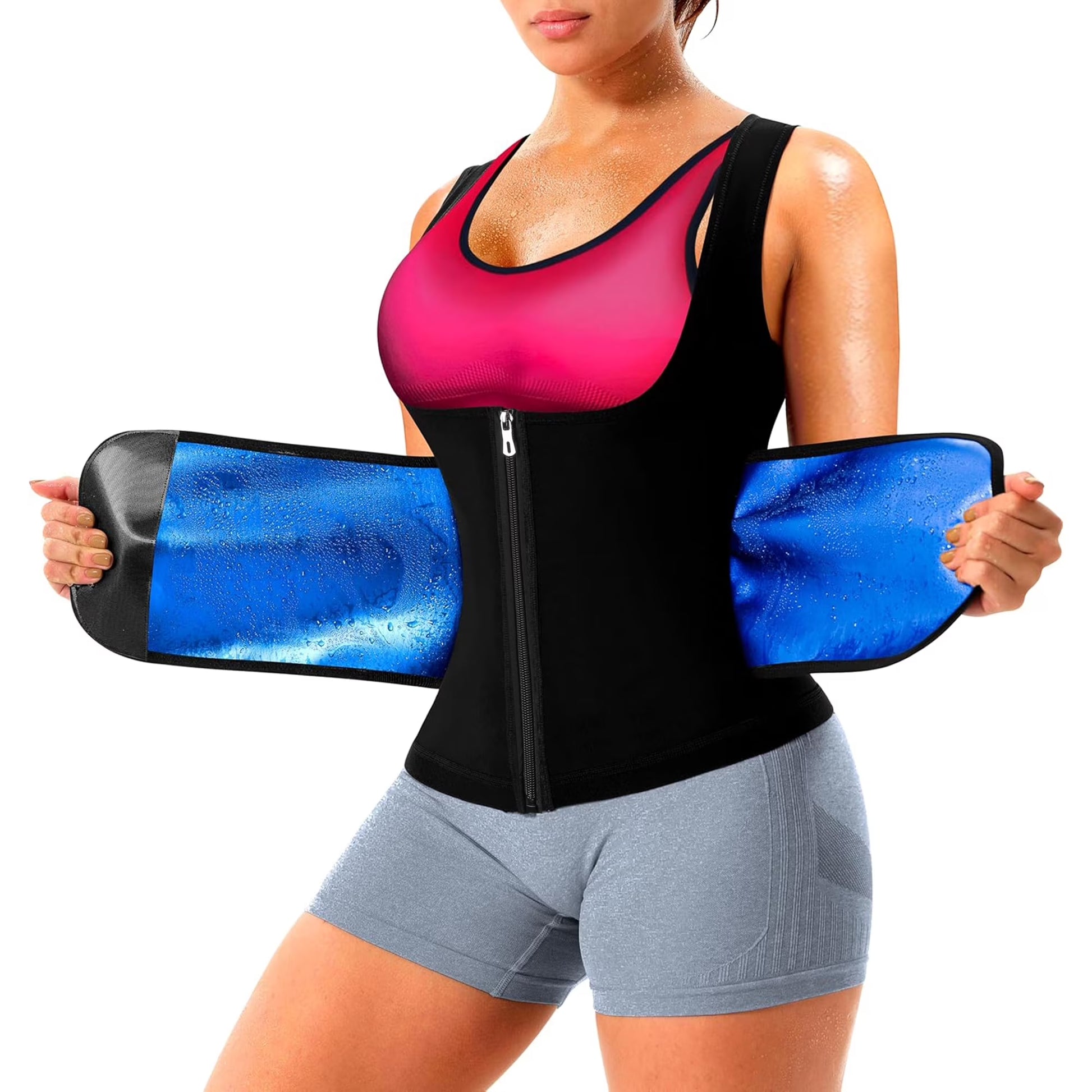 Sweat Sauna Suit for Women Workout Waist Trainer Belt Sleeveless Shirt Body Shaper Top with Zipper