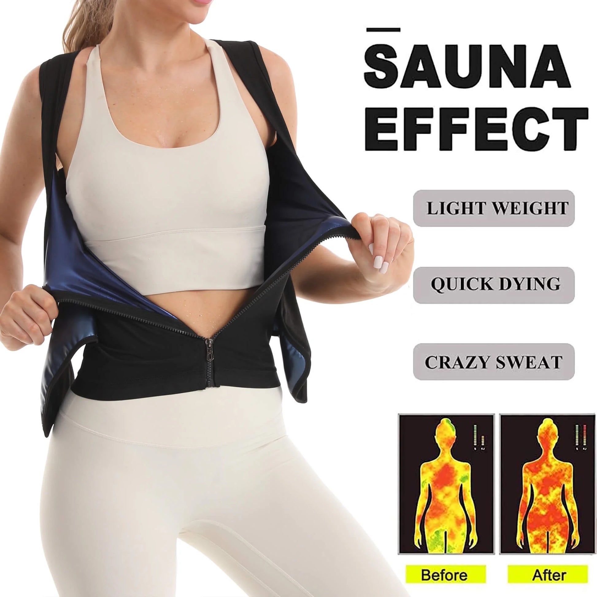Sweat Sauna Suit for Women Workout Waist Trainer Belt Sleeveless Shirt Body Shaper Top with Zipper