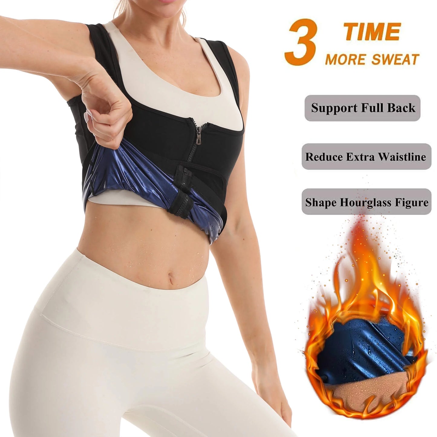 Sweat Sauna Suit for Women Workout Waist Trainer Belt Sleeveless Shirt Body Shaper Top with Zipper