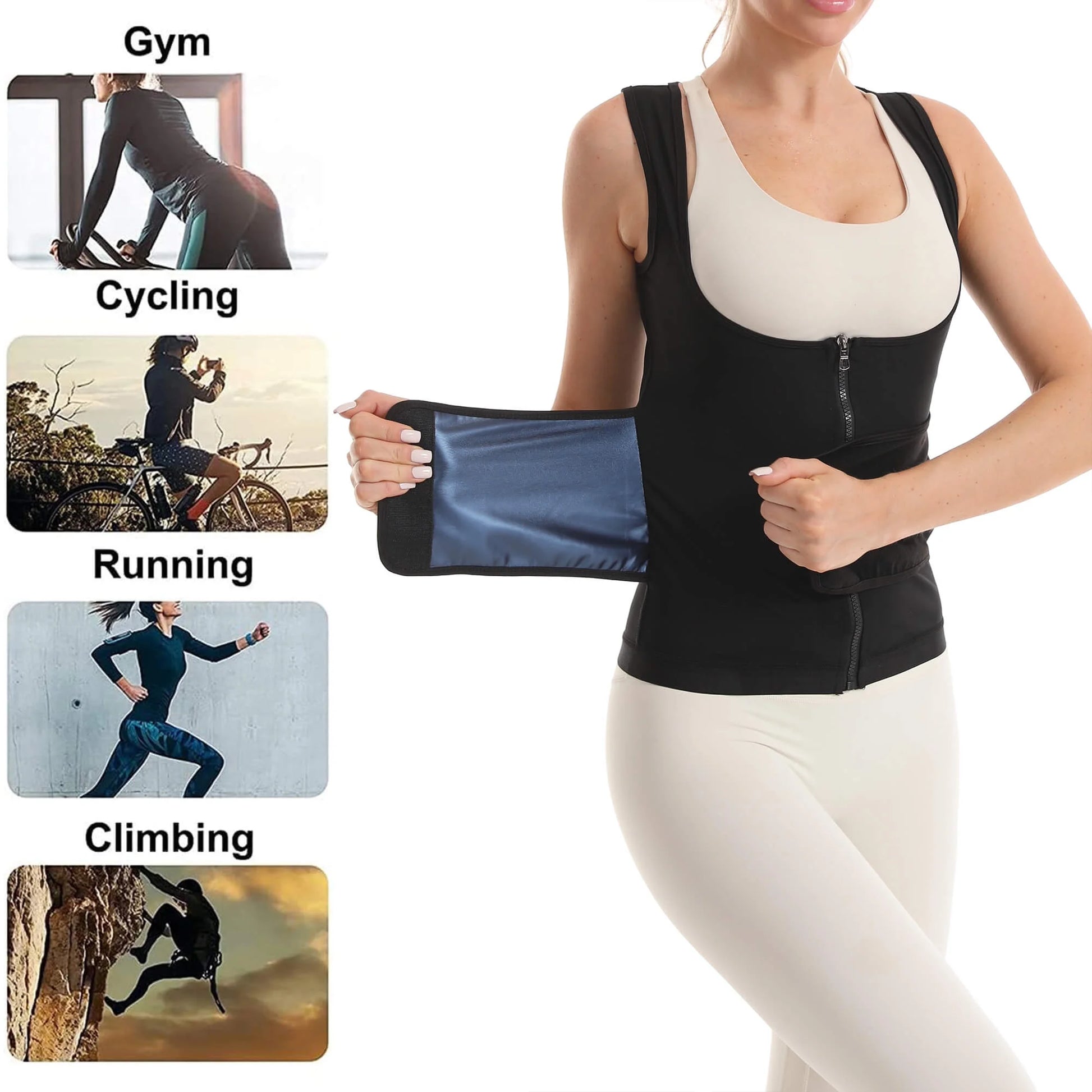 Sweat Sauna Suit for Women Workout Waist Trainer Belt Sleeveless Shirt Body Shaper Top with Zipper